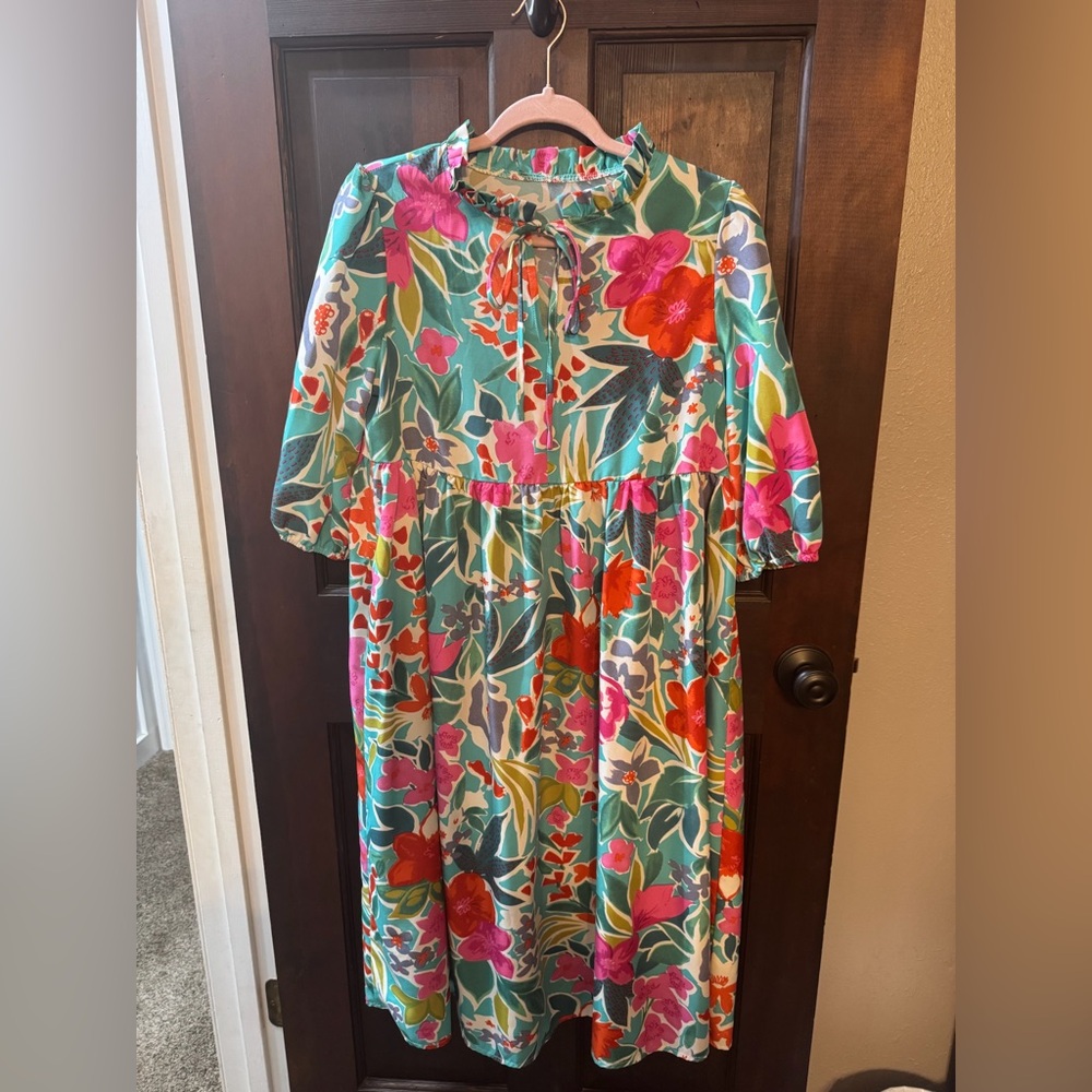 Vibrant Floral Midi Dress in Teal, Pink & Orange